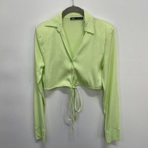 ZARA Satin Effect Longsleeve Cropped Blouse w/ Tie. Lime Green, Women's Size XS